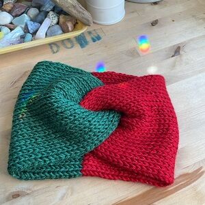 Handmade loom knitted ear warmers, red and green cozy warm